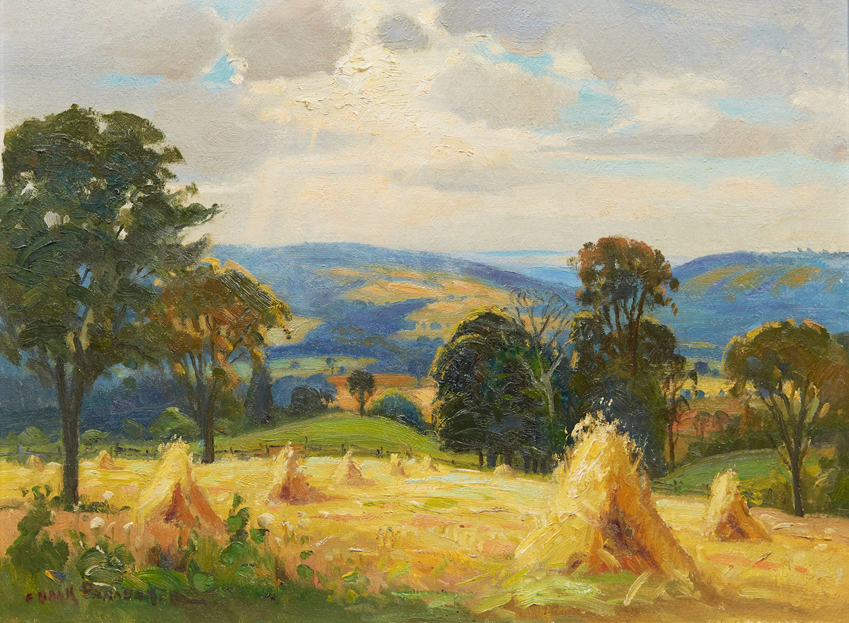 Frank Shirley Panabaker, Haystooks, oil on canvas board
