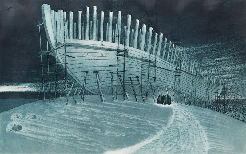 David Lloyd Blackwood, The Prince Andrew Under Construction, colour etching and aquatint