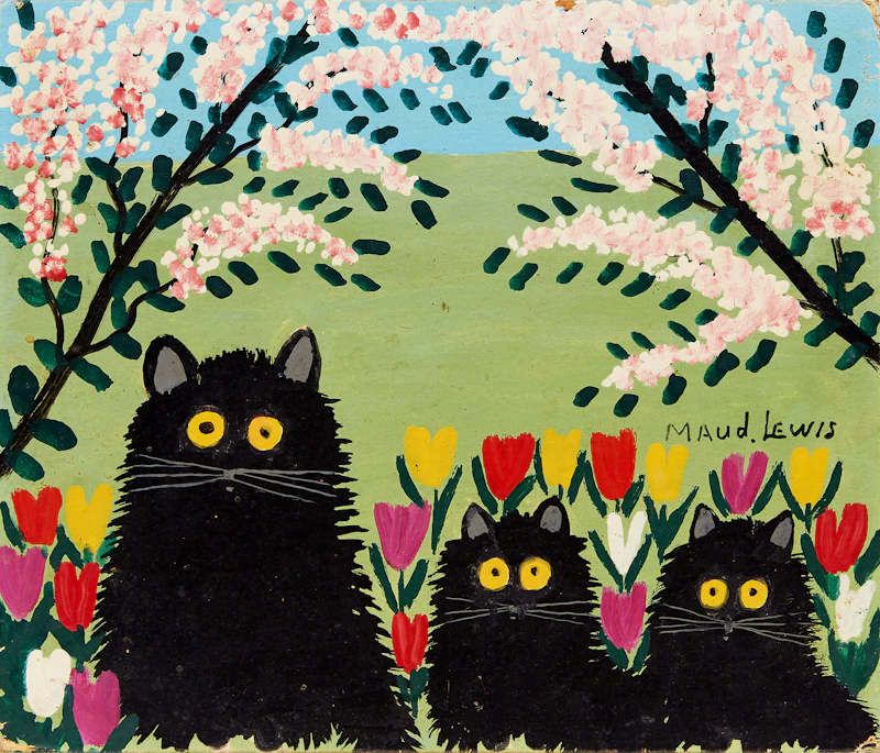 Maud Lewis, Three Black Cats, mixed media on board