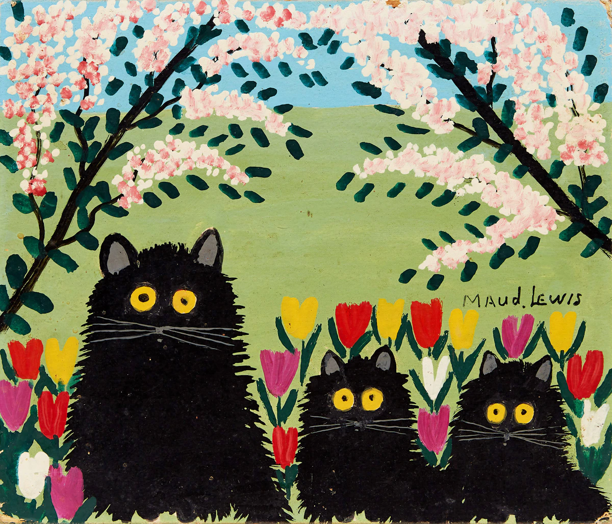 Maud Lewis, Three Black Cats, mixed media on board, circa 1967-1968