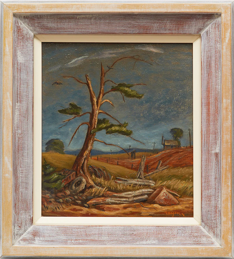 Frederick Hagan, Landscape with Junk, oil on board, 1946 - view 2