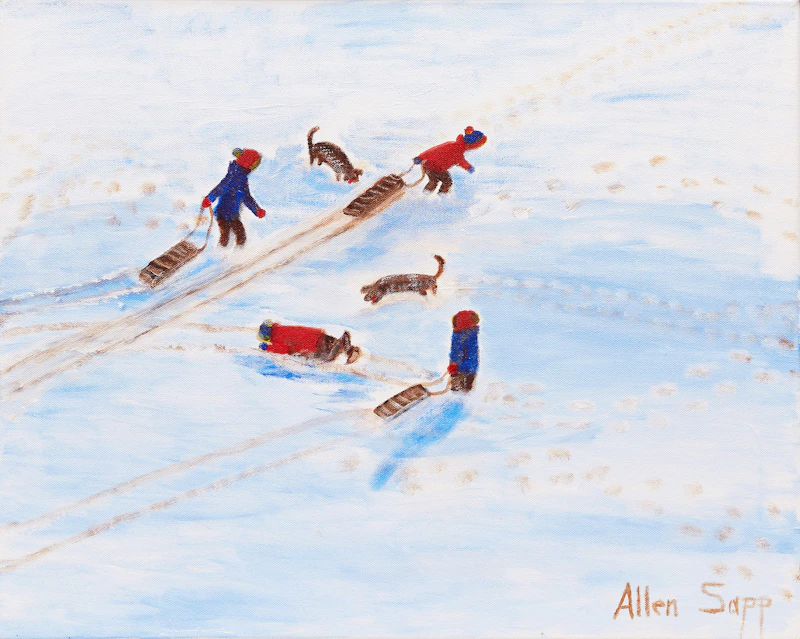 Allen Sapp, Sledding, acrylic on canvas