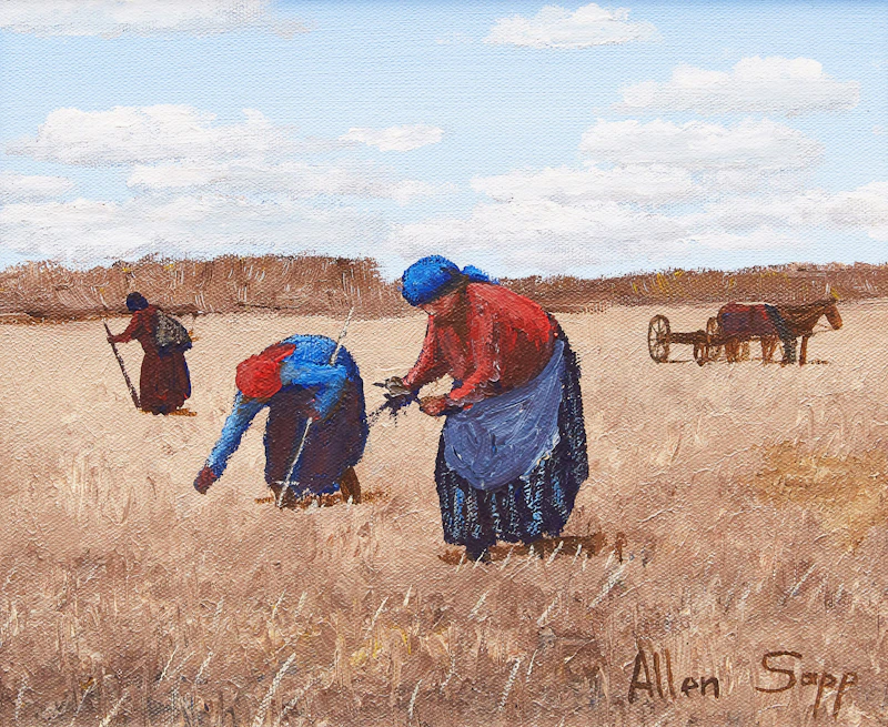 Allen Sapp, Picking Seneca, acrylic on canvas