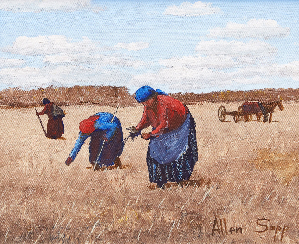 Allen Sapp, Picking Seneca, acrylic on canvas