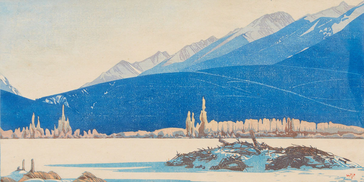 Walter Joseph Phillips, Beaver Lodge, colour woodcut, 1944
