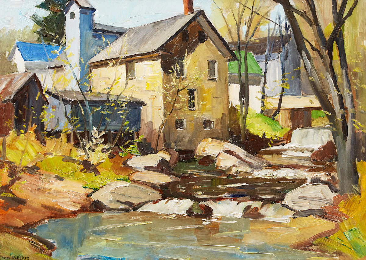 Thomas Keith Roberts, Mill, Eastern Townships, Quebec, oil on board, c. 1955
