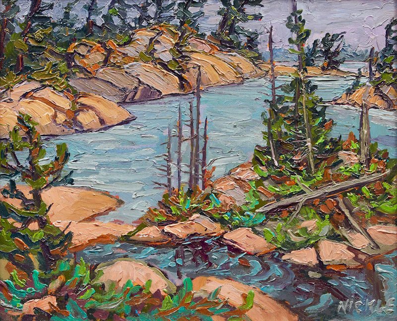 Lawrence Nickle, View Across Bing Inlet at Bigwood and Clark Island, Georgian Bay, oil on board