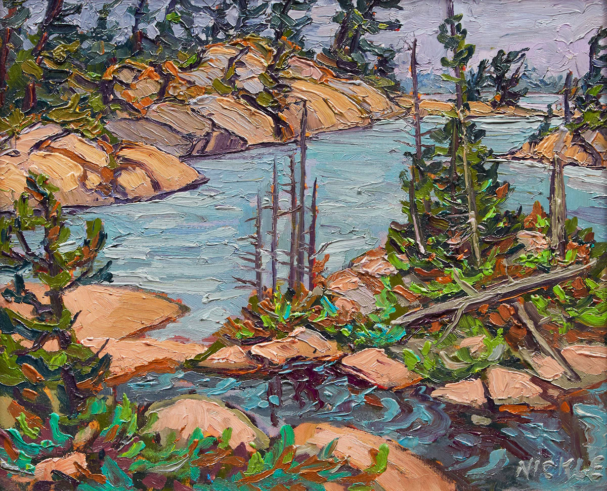 Lawrence Nickle, View Across Bing Inlet at Bigwood and Clark Island, Georgian Bay, oil on board, 1996