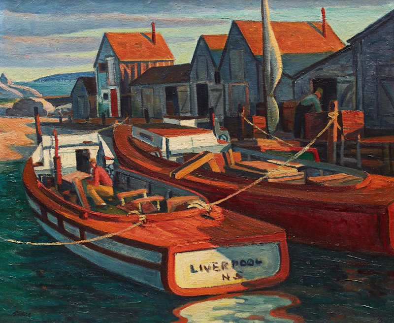 Jack Beder, Boats at Wharf (Hunt’s Point, N.S.), oil on canvas