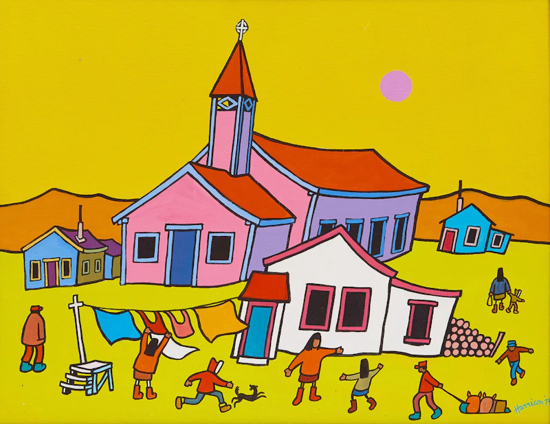 Ted Harrison, Old Crow Church - Yukon, acrylic on canvas board