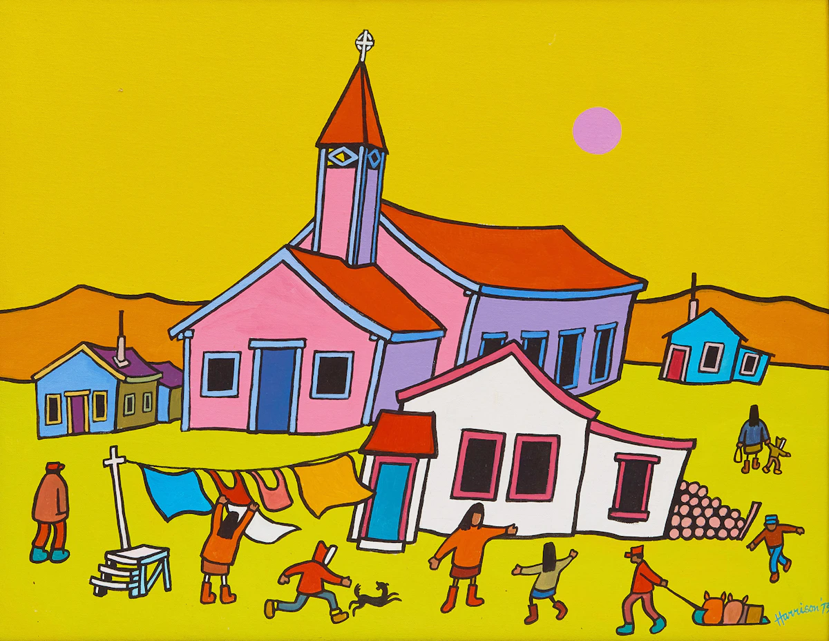 Ted Harrison, Old Crow Church - Yukon, acrylic on canvas board, 1973