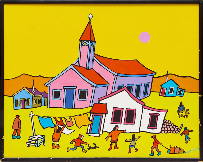 Ted Harrison, Old Crow Church - Yukon, acrylic on canvas board, 1973 - view 2