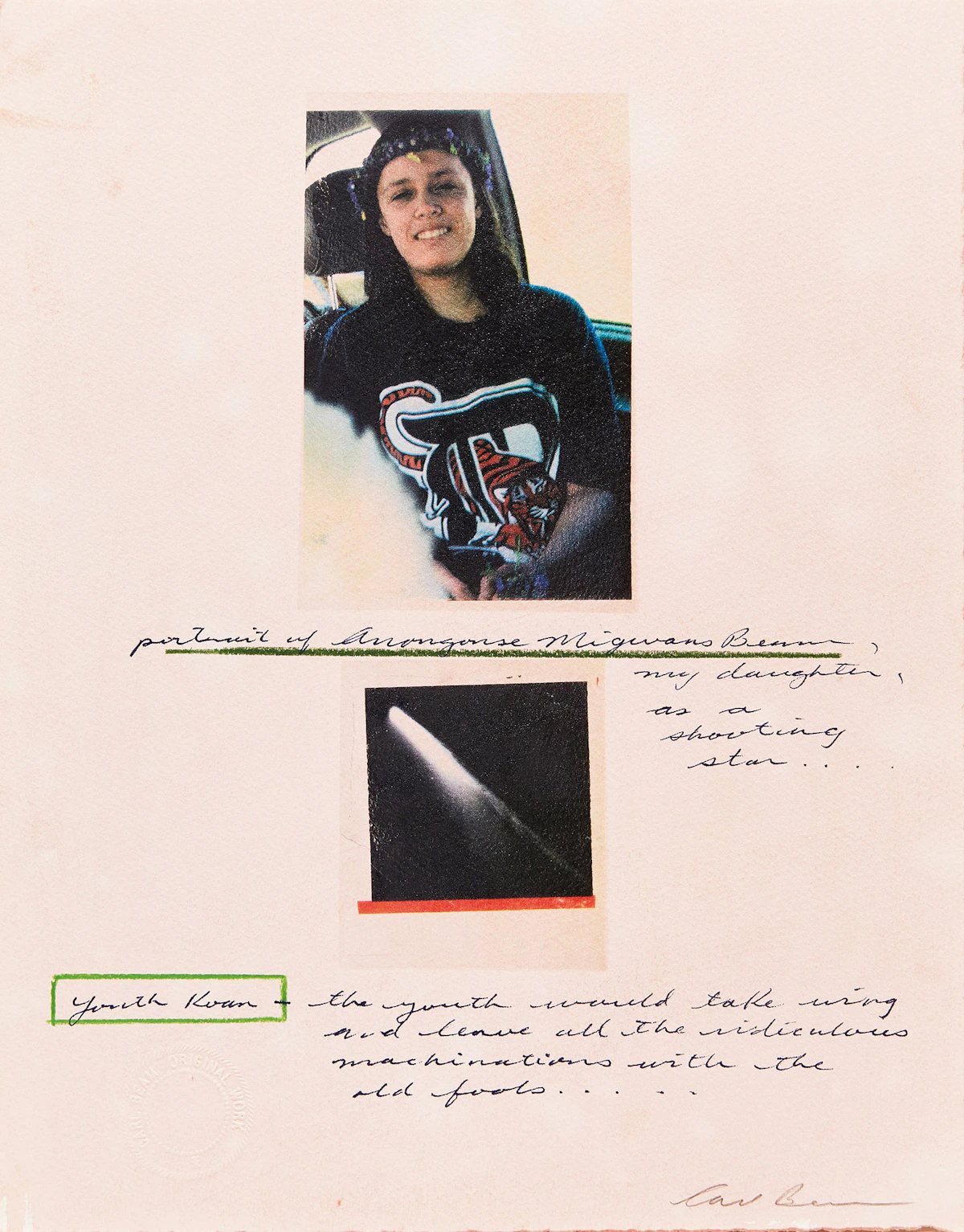 Carl Beam, Portrait of Anongonse Migwans Beams, my daughter, as a shooting star, mixed media on paper