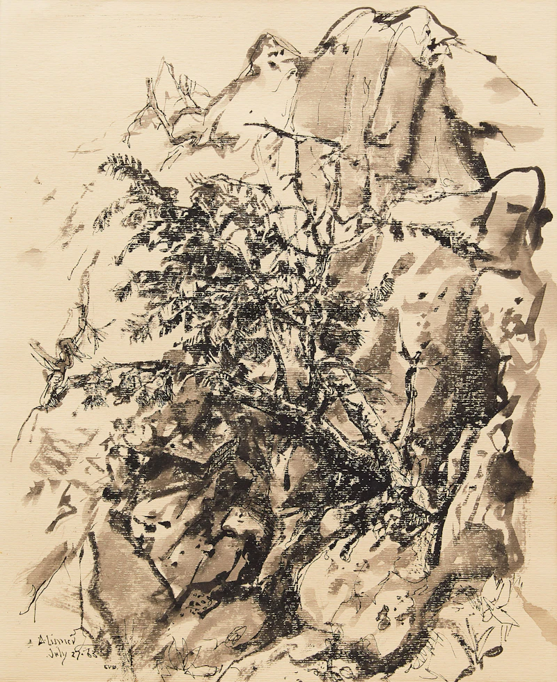 Arthur Lismer, Tree and Rock Study, ink and wash on paper