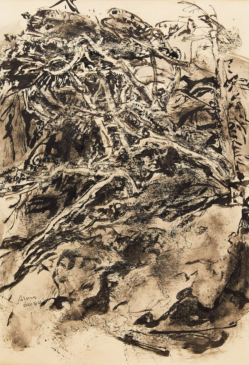 Arthur Lismer, Tangled Tree and Rock Study, charcoal and ink on paper