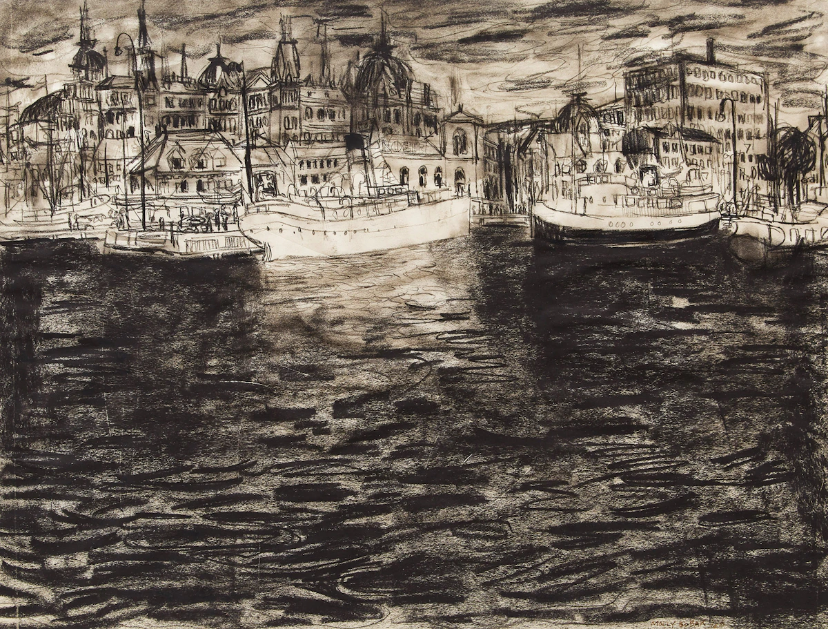 Molly Lamb Bobak, Untitled (Oslo Harbour), charcoal and ink wash on paper