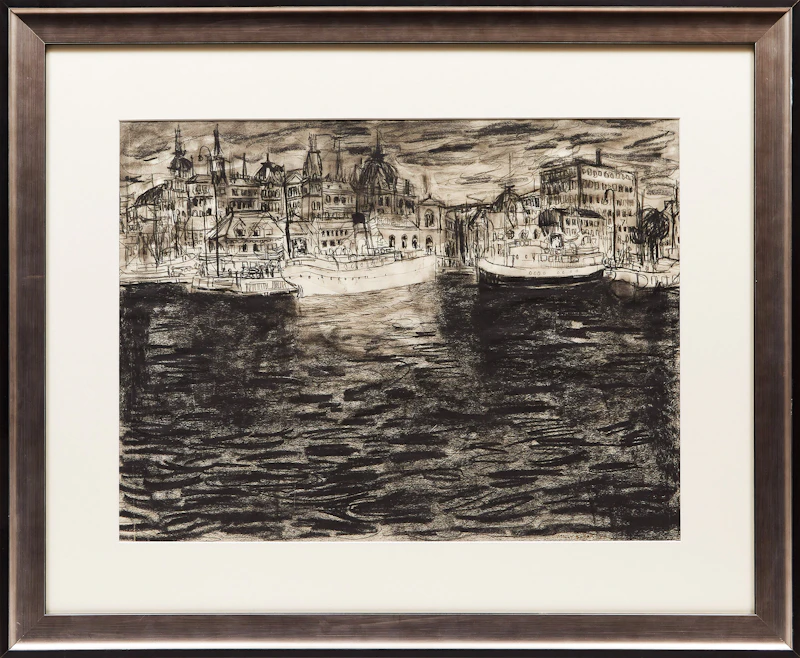 Molly Lamb Bobak, Untitled (Oslo Harbour), charcoal and ink wash on paper - view 2