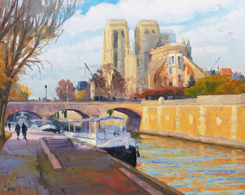 Rejean Roy, Notre Dame de Paris après le feu, oil on  board