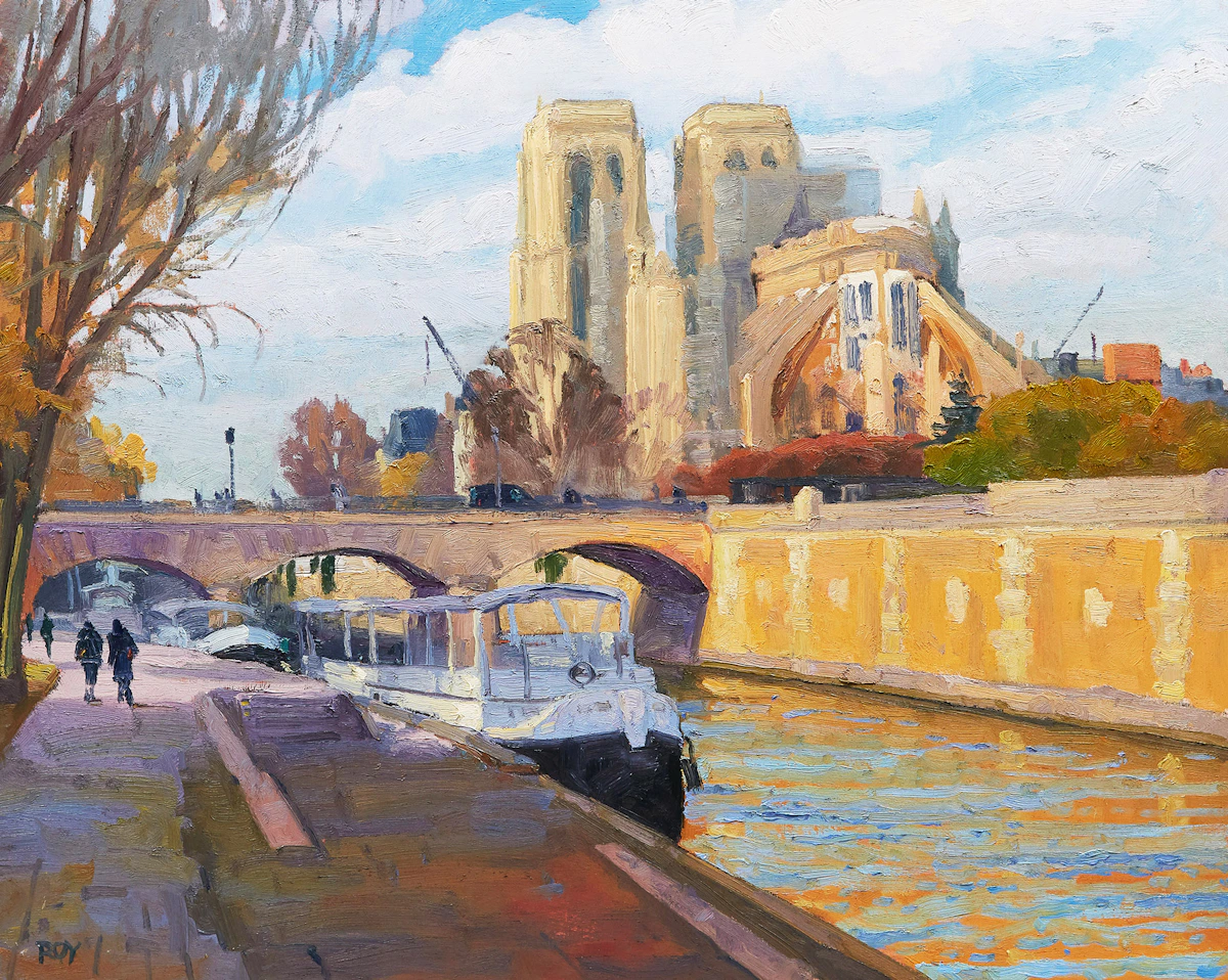 Rejean Roy, Notre Dame de Paris après le feu, oil on  board, 2020