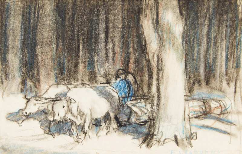 Frederick Simpson Coburn, Oxen Hauling Logs in the Townships , coloured crayon drawing
