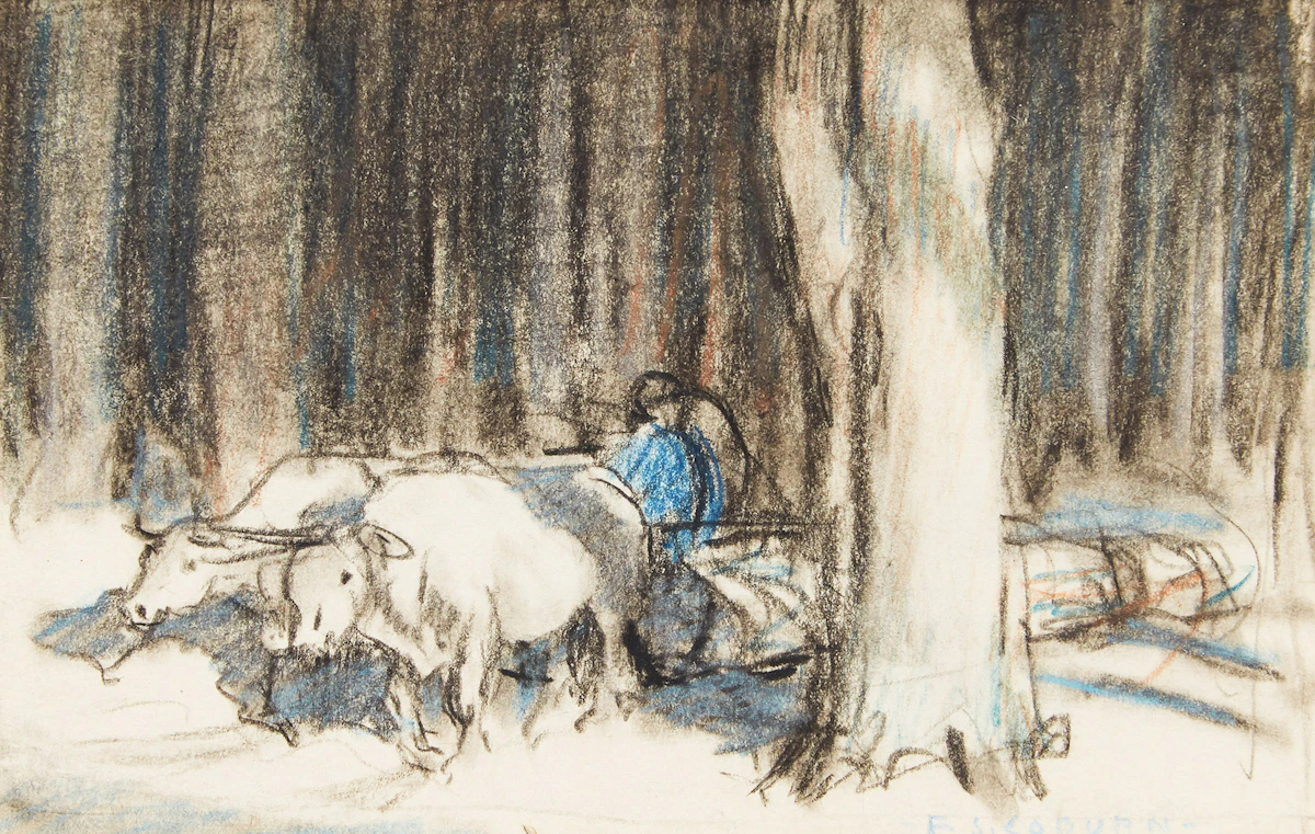 Frederick Simpson Coburn, Oxen Hauling Logs in the Townships , coloured crayon drawing, circa 1926