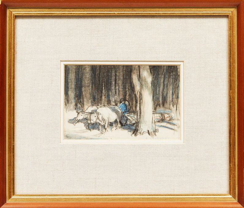 Frederick Simpson Coburn, Oxen Hauling Logs in the Townships , coloured crayon drawing, circa 1926 - view 2