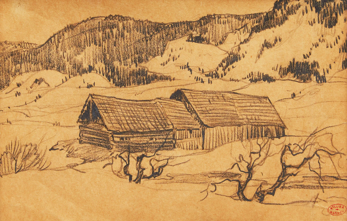 Clarence Alphonse Gagnon, Grange à la campagne, graphite on paper