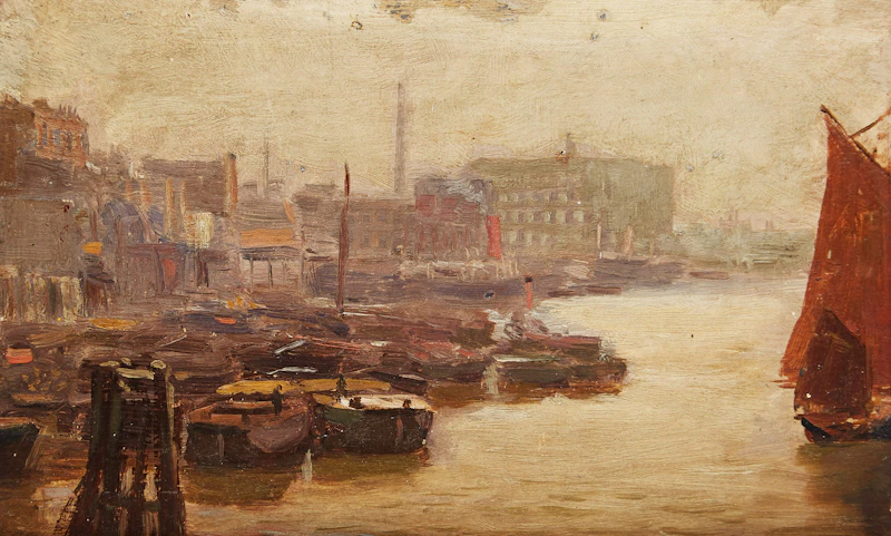 Frederic Marlett Bell-Smith, Shipyard, oil on board