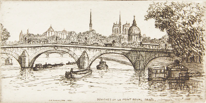 Caroline Helena Armington, Peniches et le Pont Royal, Paris; La Rue du Hallage a Rouen; Le Puits, Musée de Cluny, Paris, three etchings