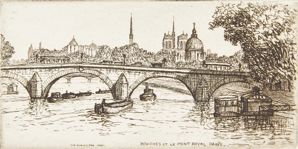 Caroline Helena Armington, Peniches et le Pont Royal, Paris; La Rue du Hallage a Rouen; Le Puits, Musée de Cluny, Paris, three etchings