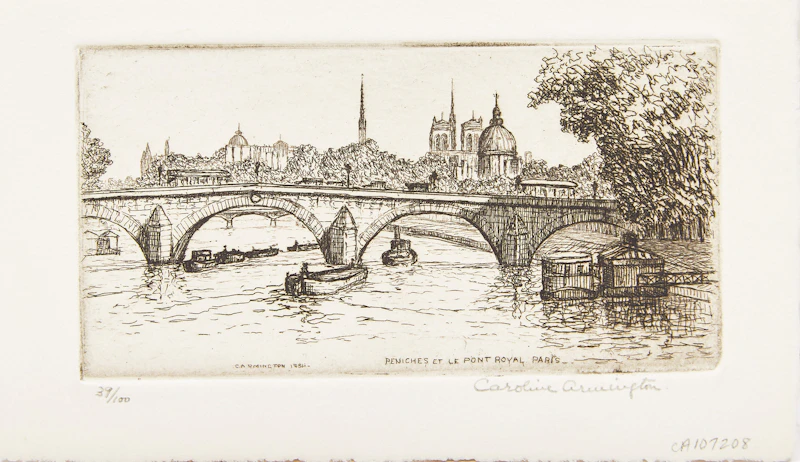 Caroline Helena Armington, Peniches et le Pont Royal, Paris; La Rue du Hallage a Rouen; Le Puits, Musée de Cluny, Paris, three etchings - view 2