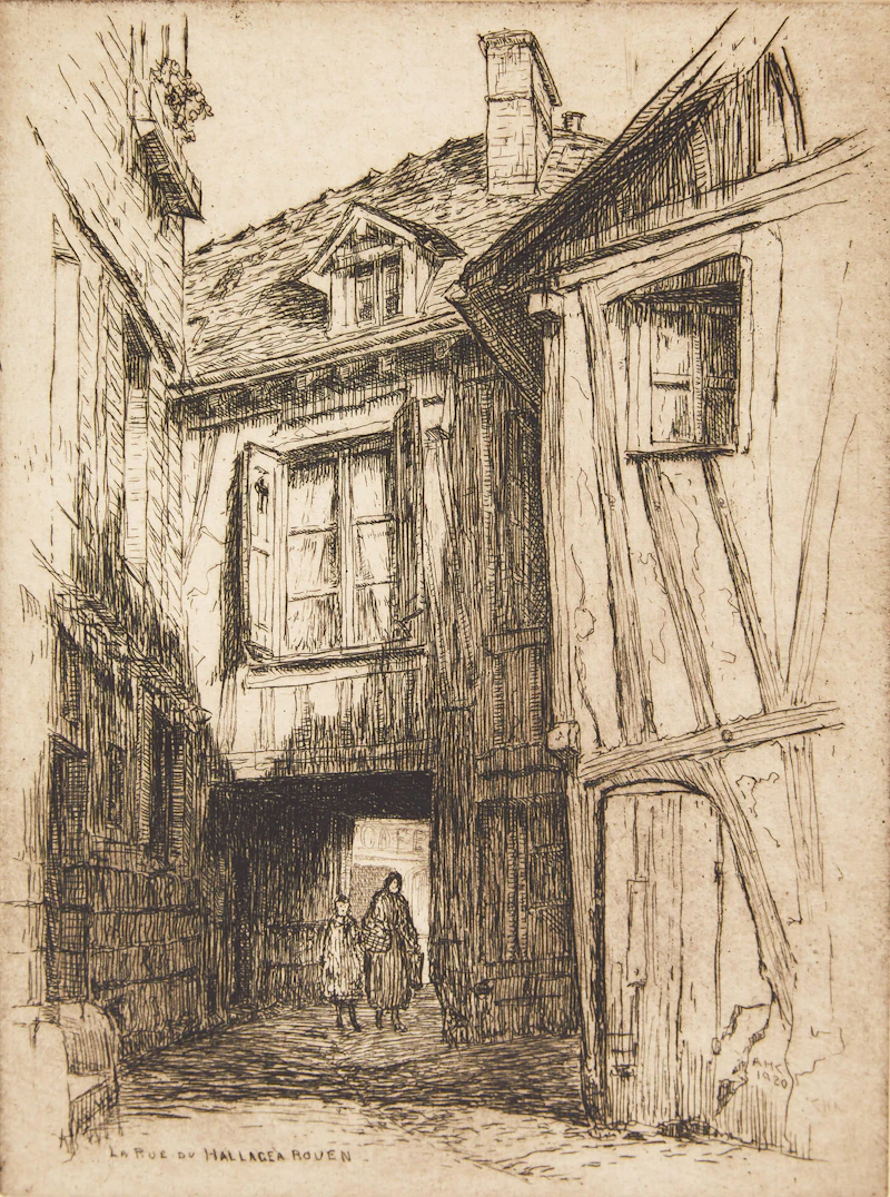 Caroline Helena Armington, Peniches et le Pont Royal, Paris; La Rue du Hallage a Rouen; Le Puits, Musée de Cluny, Paris, three etchings - view 4