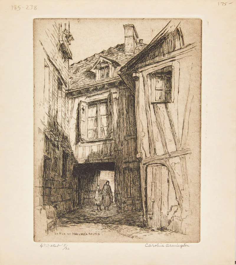 Caroline Helena Armington, Peniches et le Pont Royal, Paris; La Rue du Hallage a Rouen; Le Puits, Musée de Cluny, Paris, three etchings - view 5