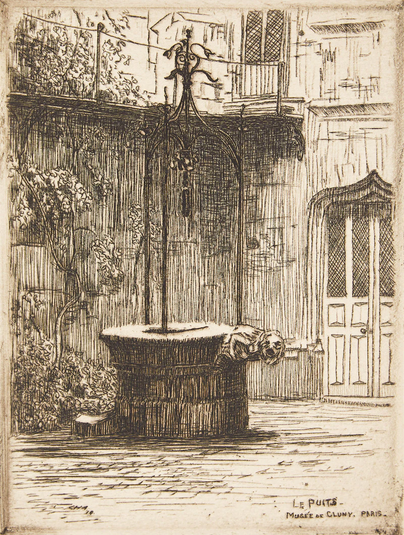Caroline Helena Armington, Peniches et le Pont Royal, Paris; La Rue du Hallage a Rouen; Le Puits, Musée de Cluny, Paris, three etchings - view 7