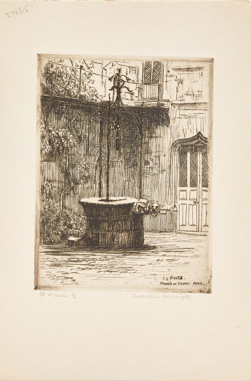 Caroline Helena Armington, Peniches et le Pont Royal, Paris; La Rue du Hallage a Rouen; Le Puits, Musée de Cluny, Paris, three etchings - view 8