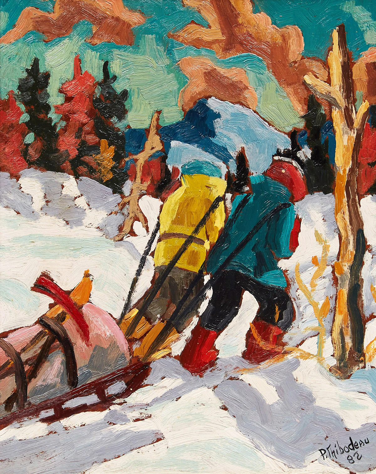 Pauline Thibodeau Paquin, Hauling a Heavy Sled, oil on masonite, 1982