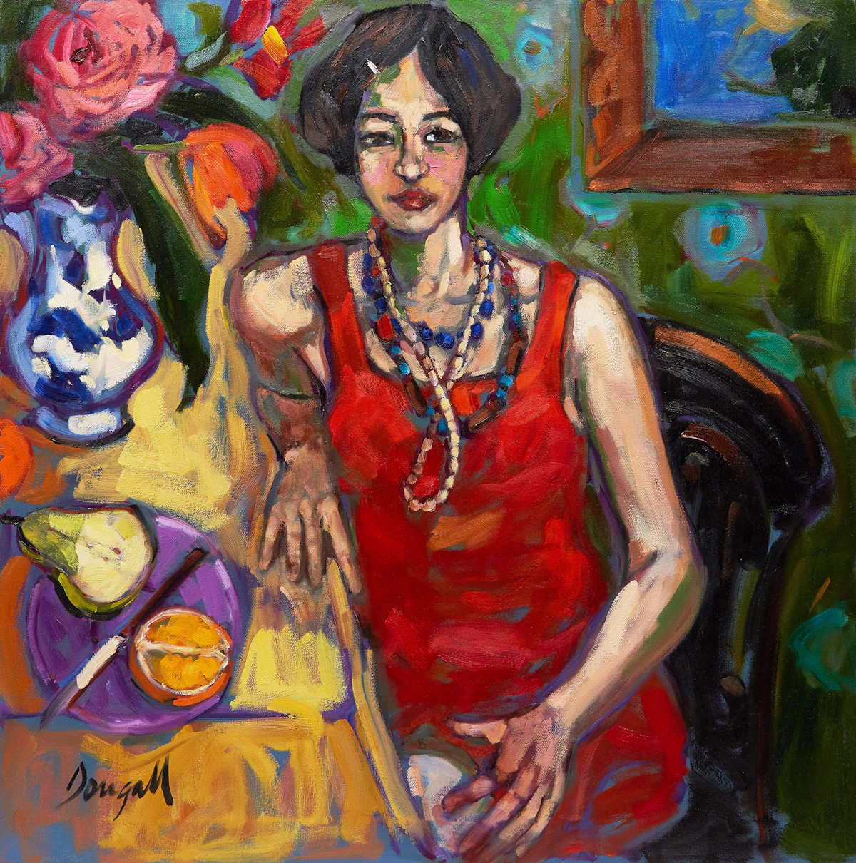Jae Dougall, Pose in Red Dress, acrylic on canvas