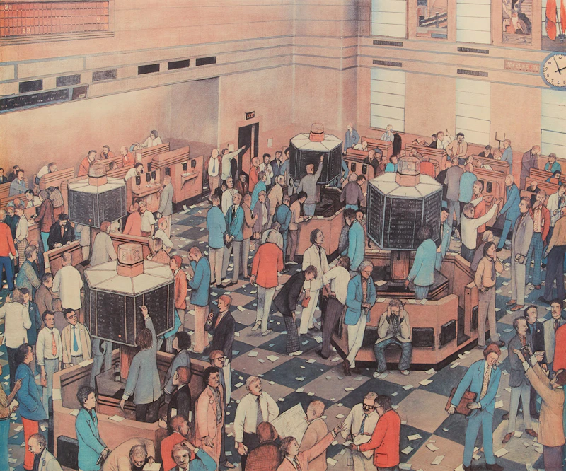 William Kurelek, Light Trading Day, Toronto Stock Exchange, colour lithograph