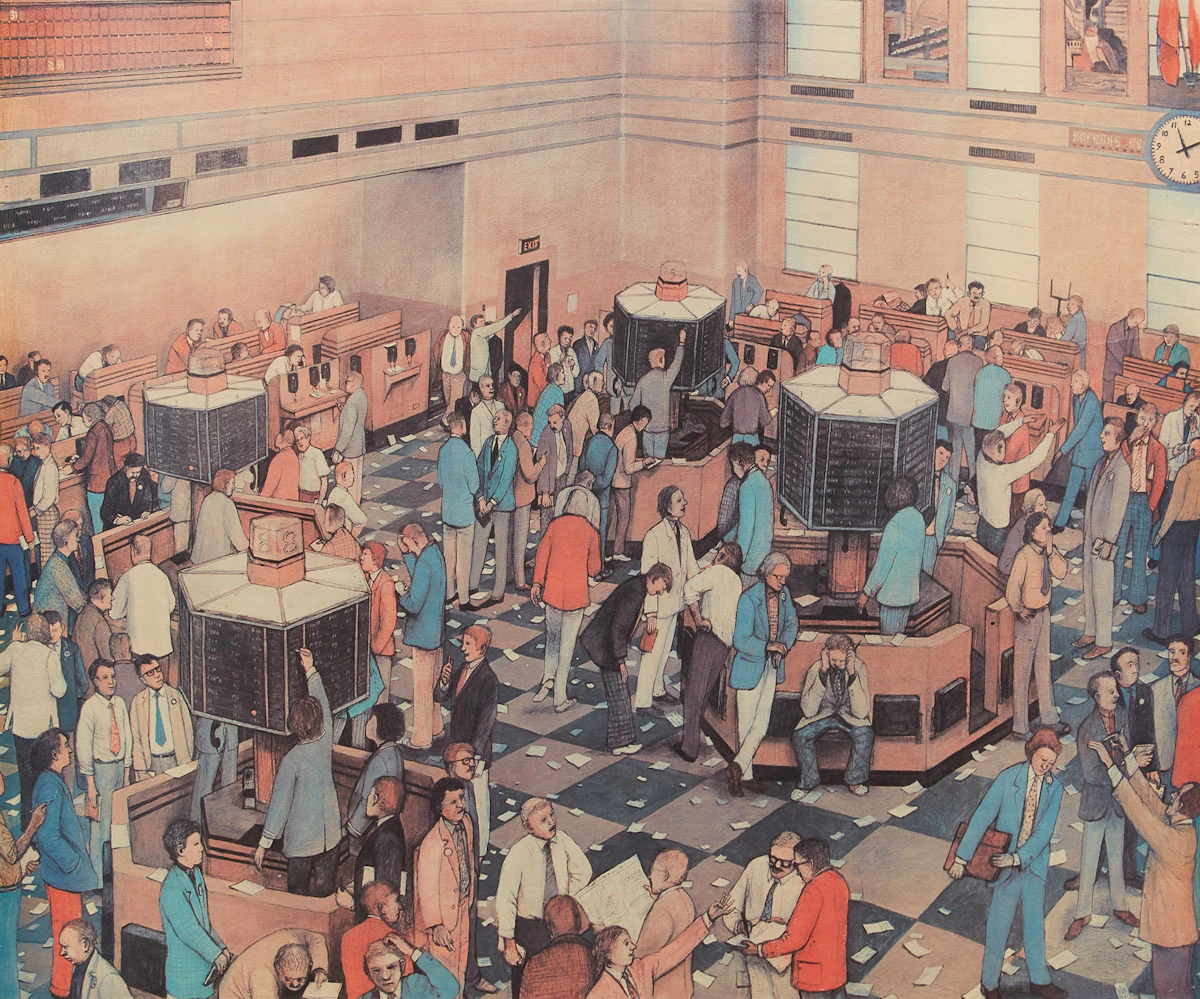 William Kurelek, Light Trading Day, Toronto Stock Exchange, colour lithograph