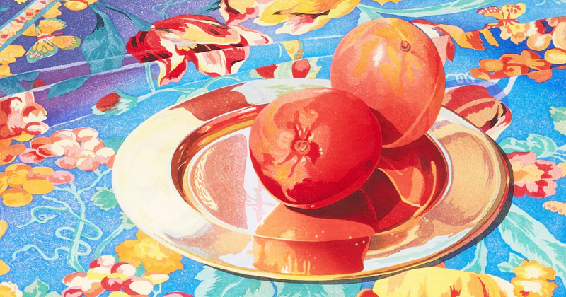 Mary Pratt, Mangoes on a Brass Plate, woodcut in colours