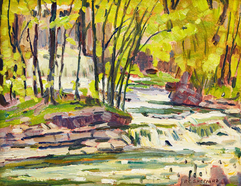 Peter Clapham Sheppard, Spring Stream , oil on board