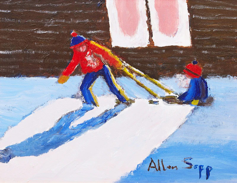 Allen Sapp, Sledding, oil on canvas
