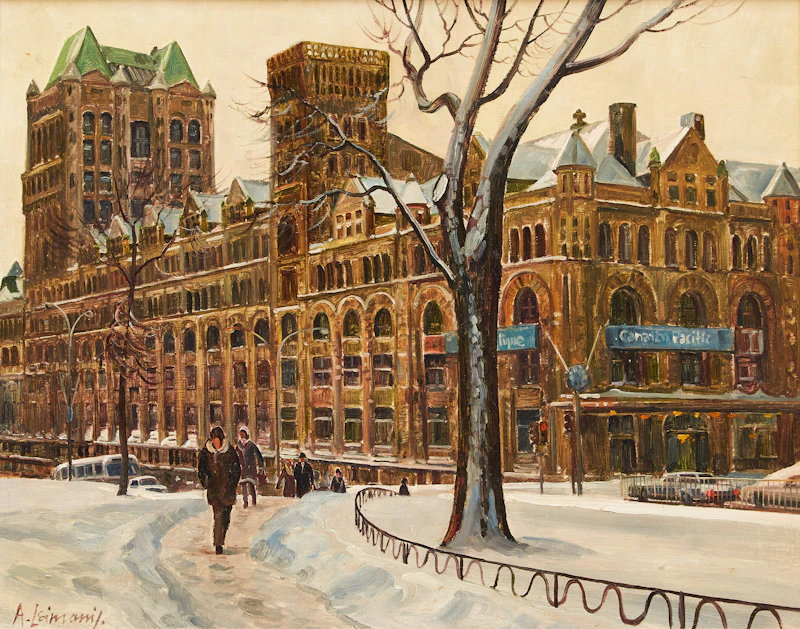 Andris Leimanis, A Close Up View of Windsor Station Seen from Dominion Square, oil on masonite, 1978 - view 1