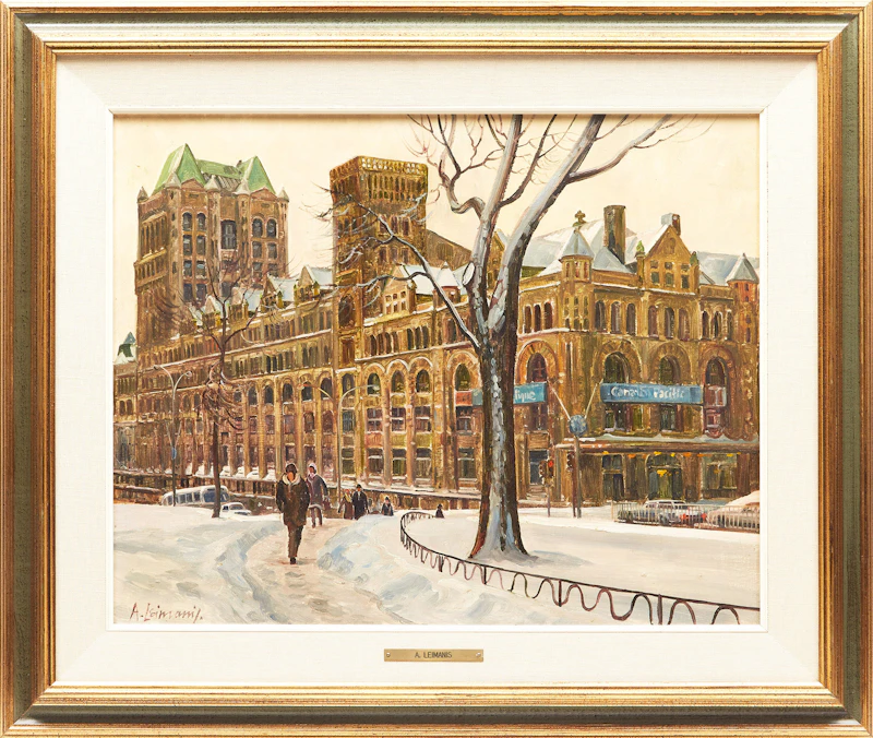 Andris Leimanis, A Close Up View of Windsor Station Seen from Dominion Square, oil on masonite, 1978 - view 2