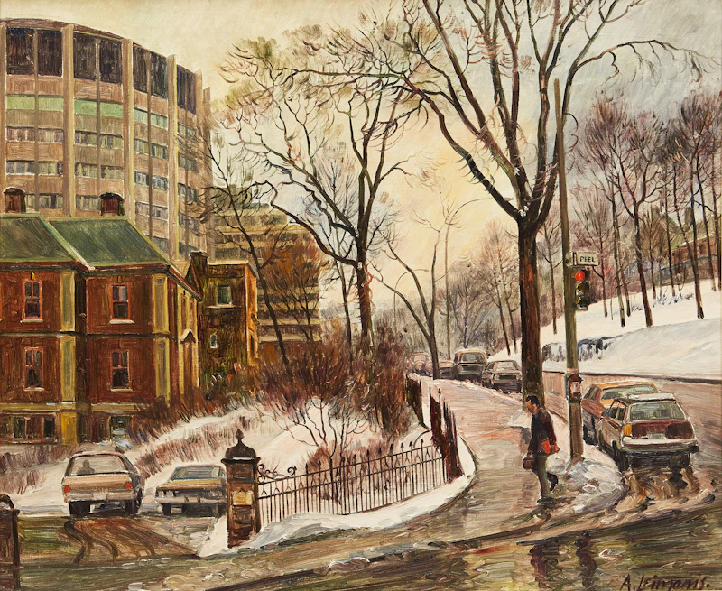 Andris Leimanis, Late Afternoon- A Winter View of Pine Avenue and Peel Street Looking West, oil on masonite
