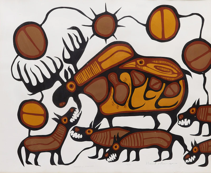 Norval Morrisseau, Moose and Wolves, colour serigraph