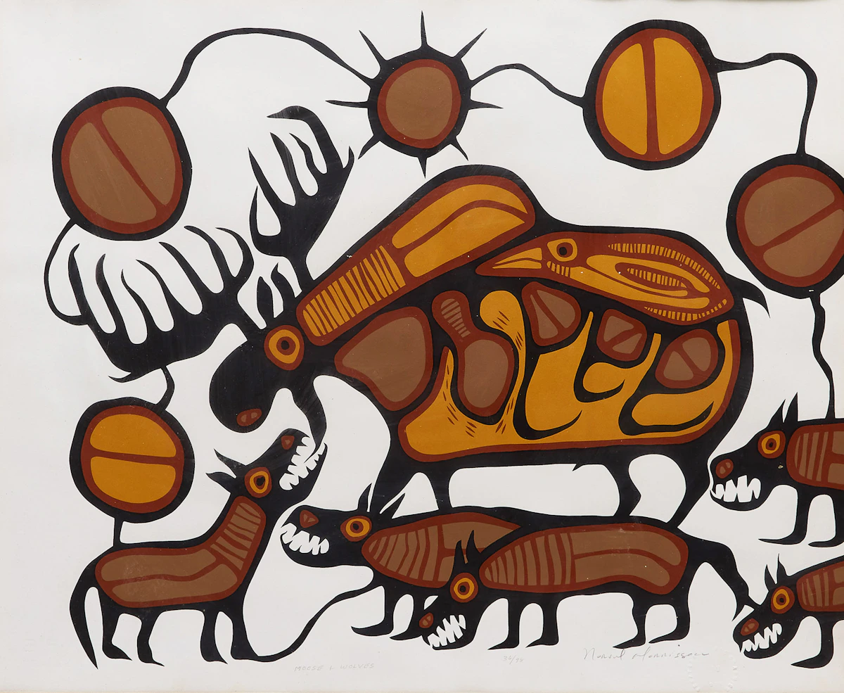 Norval Morrisseau, Moose and Wolves, colour serigraph