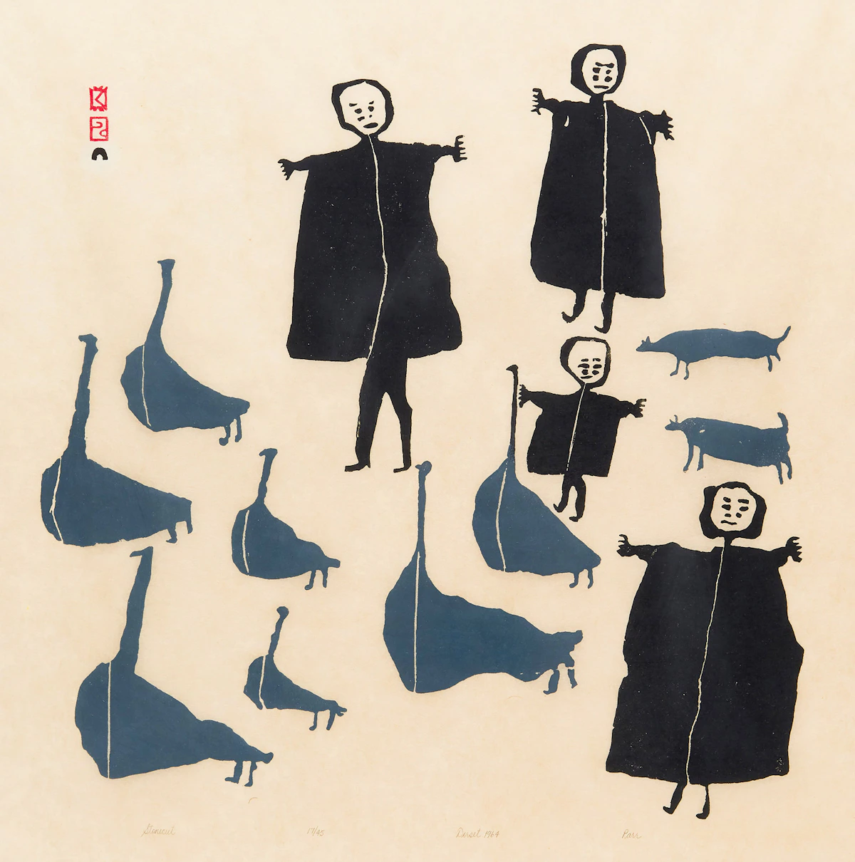 Parr, Untitled (7 Geese, 4  People, 2 Dogs), stonecut, 1964