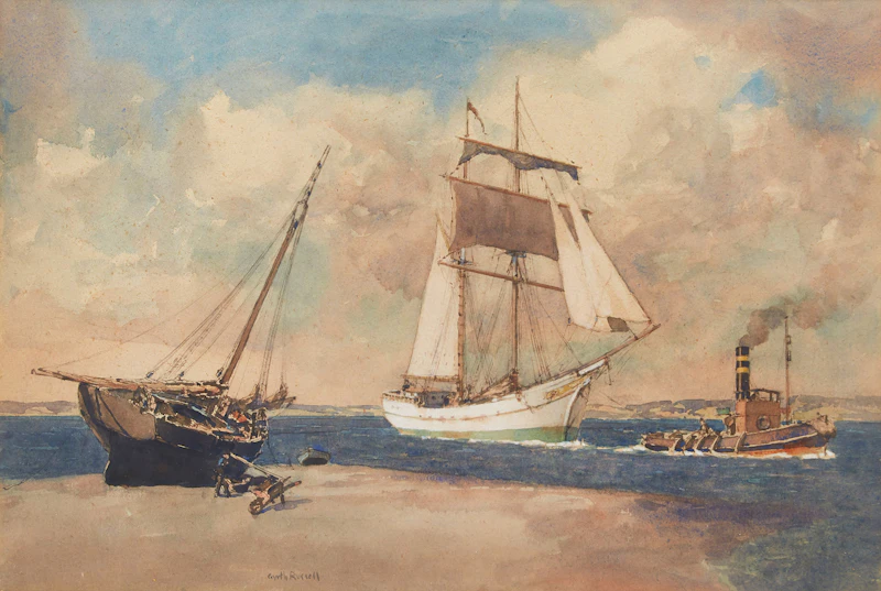 Gyrth Russell, Boats in Harbour; Tilt Rock Sky, watercolour; oil on board
