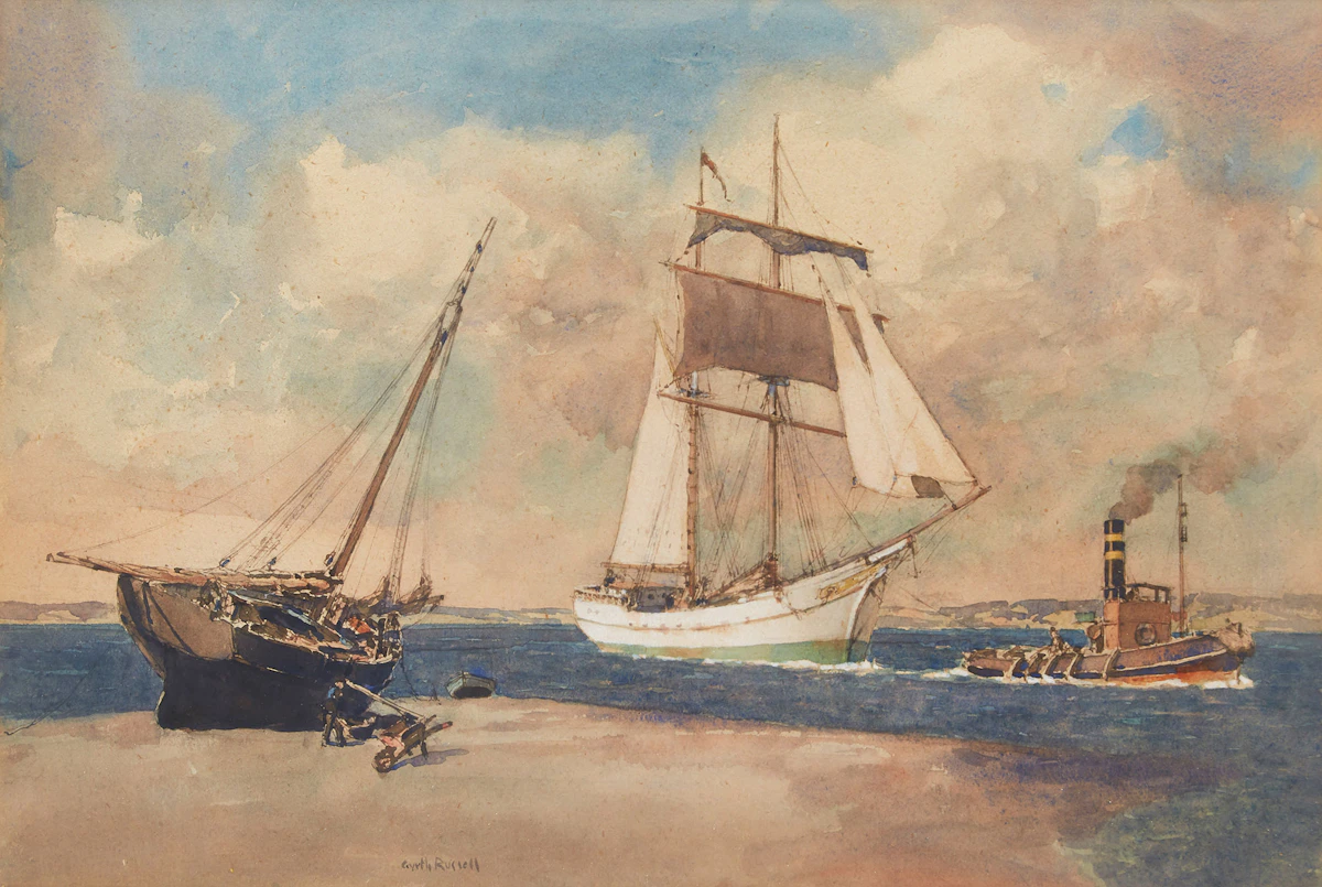 Gyrth Russell, Boats in Harbour; Tilt Rock Sky, watercolour; oil on board